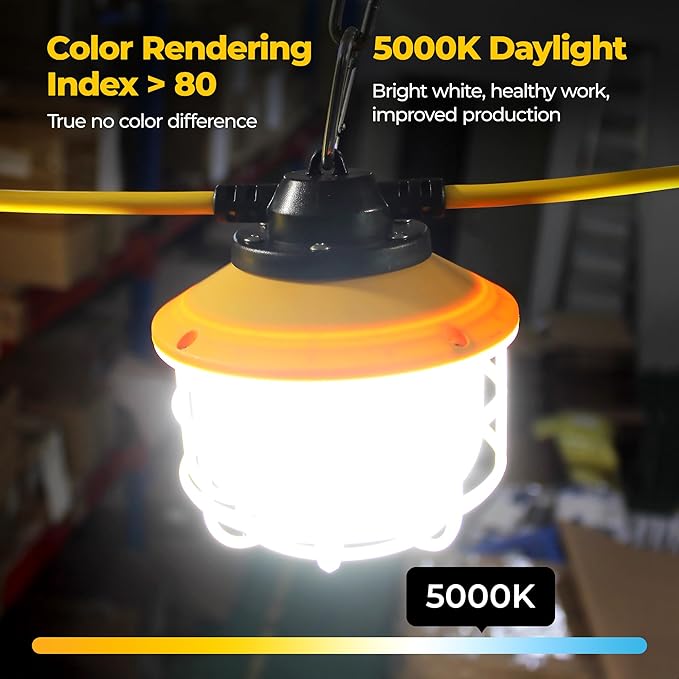 Outdoor Construction LED String Lights with Switch: 50FT 75w 10500lm ETL Certified Super Bright Industrial Temporary Lighting Hanging IP65 Waterproof Work Light for Attic Jobsite Garage
