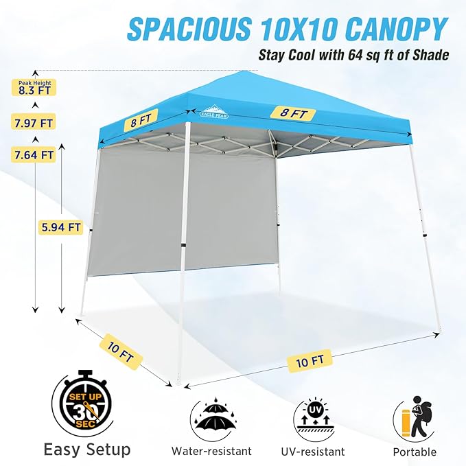 EAGLE PEAK 10x10 Pop Up Canopy Tent with Sidewall, Compact, Portable Slant Leg Instant Sun Shelter for Beach, Sports, & Camping, 10x10 Base 8x8 Top, Light Blue