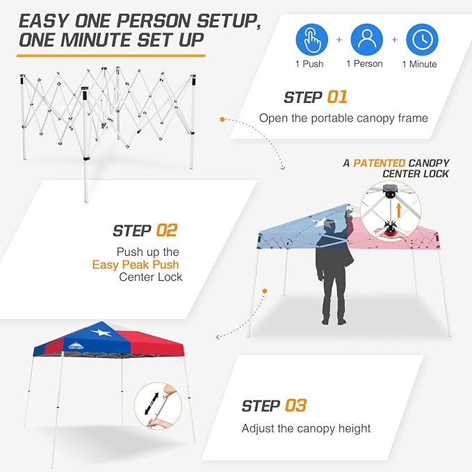EAGLE PEAK 10x10 Slant Leg Pop-up Canopy Tent Easy One Person Setup Instant Outdoor Beach Canopy Folding Portable Sports Shelter 10x10 Base 8x8 Top (Texas Flag)