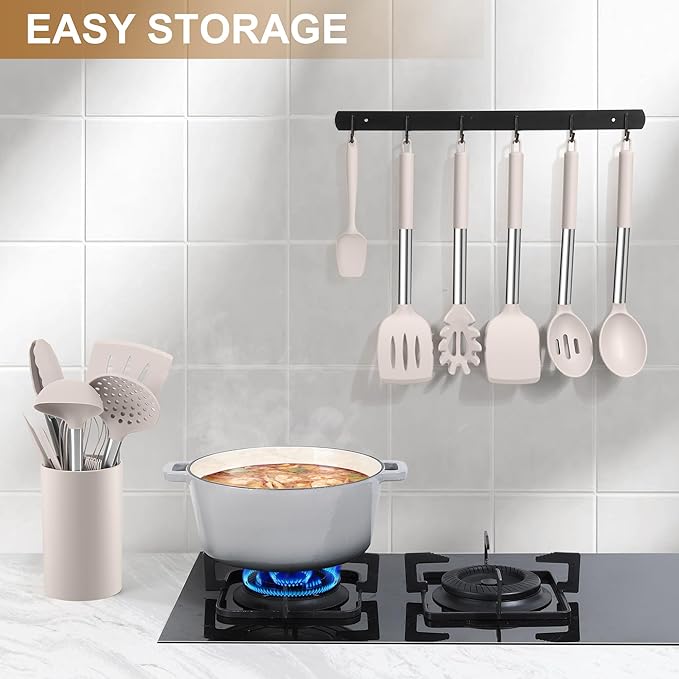 LIANYU 15 Pcs Kitchen Cooking Utensils Set with Holder, Silicone Kitchen Tools with Stainless Steel Handle, Heat Resistant Gadgets, Brush Spatula Spoon Whisk for Cookware, Dishwasher Safe, Khaki