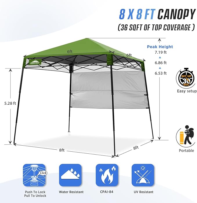 EAGLE PEAK 8x8 Pop Up Canopy Tent with Sidewall, Compact, Portable Slant Leg Instant Sun Shelter for Beach, Sports, & Camping, 8x8 Base 6x6 Top, Grass Green