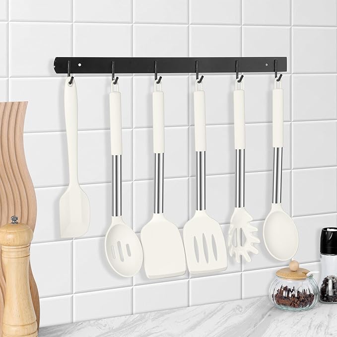 LIANYU 15 Pcs Cooking Kitchen Utensils Set with Holder, Silicone Kitchen Gadgets with Stainless Steel Handle, Heat Resistant Spatula Tools, Brush Spoon Tong Whisk Ladle Turner for Cookware, White