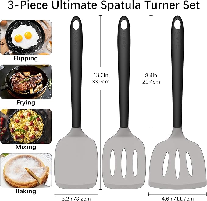 Coukre Silicone Spatula Set of 3, High Heat Resistant, BPA-Free, Kitchen Utensils, Fish Spatula, Solid & Slotted Turner for Non-Stick Pans, Flipping Eggs, Pancakes, Fish, Burgers (3, Gray)