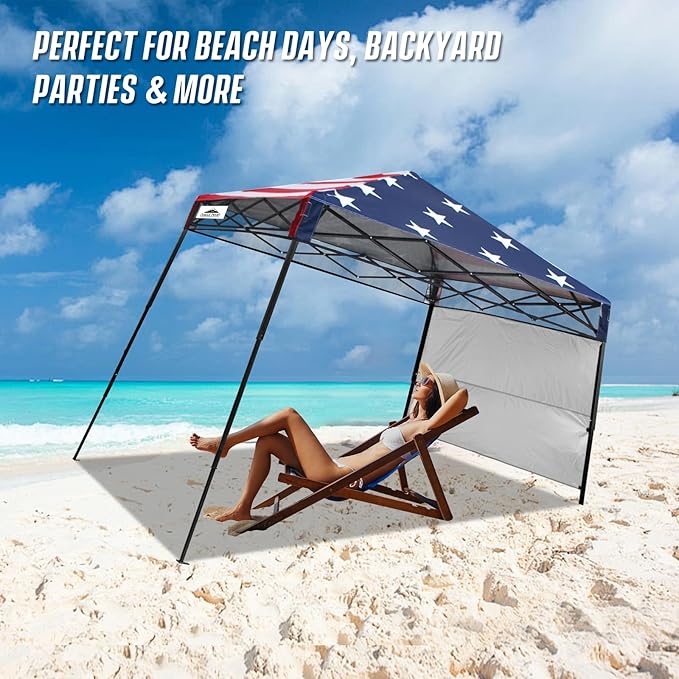 EAGLE PEAK 8x8 Pop Up Canopy Tent with Sidewall, Compact, Portable Slant Leg Instant Sun Shelter for Beach, Sports, & Camping, 8x8 Base 6x6 Top, American Flag