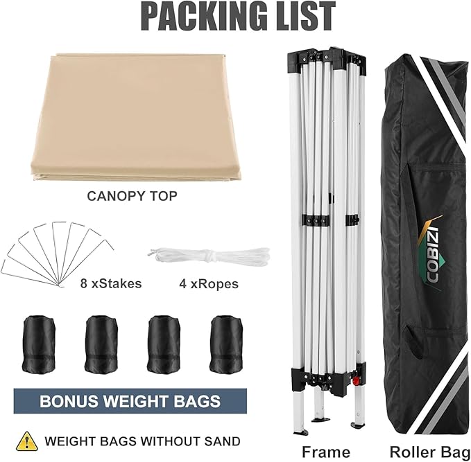 COBIZI 10x10 Pop Up Canopy Tent with 4 Sandbags, Easy Set Up Gazebo, Instant Outdoor Sun Shade &Waterproof Canopy with 8 Stakes,4 Ropes&Carry Bag, Tents for Parties, Beach, Backyard,Camping(Khaki
