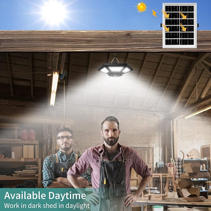 Solar Shed Light Indoor Outdoor Work in Daytime with Remote Control, 360° Lighting Waterproof Solar Indoor Lights with Motion Sensor/Timer/5 Modes for Home Garage Barn