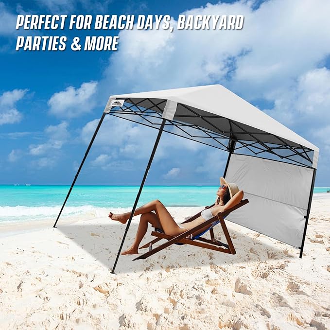 EAGLE PEAK 8x8 Pop Up Canopy Tent with Sidewall, Compact, Portable Slant Leg Instant Sun Shelter for Beach, Sports, & Camping, 8x8 Base 6x6 Top, White