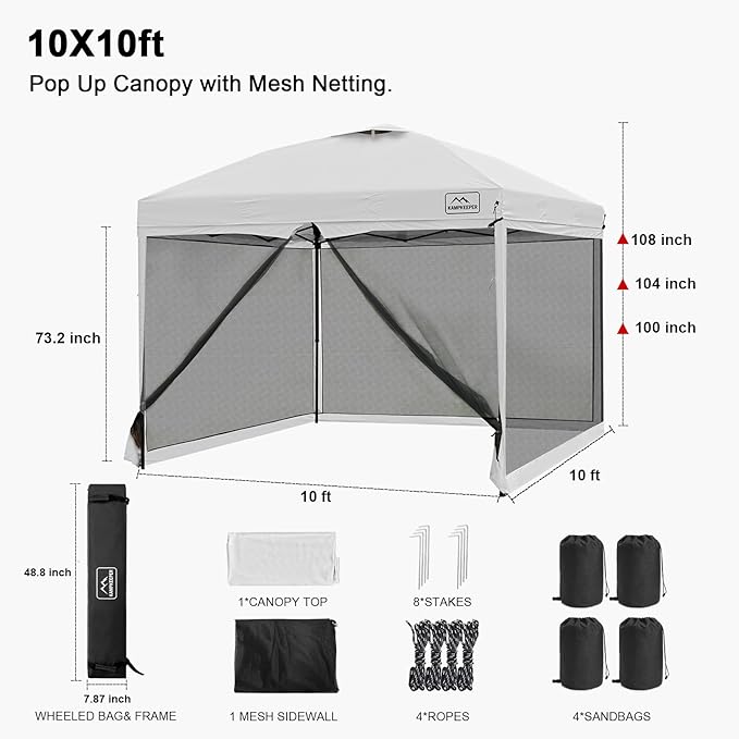 KAMPKEEPER 10x10 Pop Up Canopy with Mosquito Netting,Instant Outdoor Screen Tent Sun Shade for Events Patio Camping Picnic,Gazebo with 4 Sandbags,1 Wheeled Bag(White)