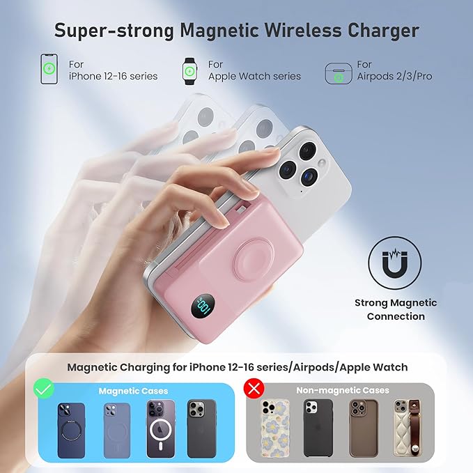 Magnetic Portable Charger for iPhone with Built-in Cables, 6-in-1 10800mAh Power Bank with iWatch Charger & LCD Display,25W Fast Charging Battery Pack for iPhone 16/15/14/13/12,Apple Watch (Pink)