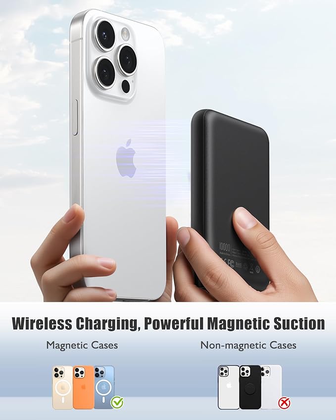 Magsafe Portable Charger, Ultra-Slim 10,000mAh Magnetic Wireless Portable Charger, PD 20W Fast Charging Power Bank, Magsafe-Compatible Battery Pack for iPhone Series (Black)