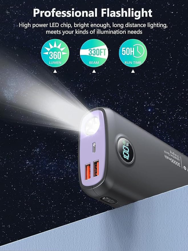 Portable Charger-Output Input USB C Fast Charging LED Display SCP22.5W PD 30W QC4.0 Power Bank, Flashlight External Battery Pack for iPhone, Xiaomi, LG, and More (Black-Purple)