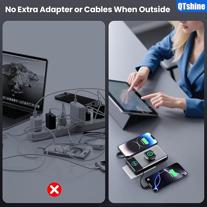 Portable Charger 40800mAh Power Bank with Built-in Cables,Wall Plug and iWatch Charger,6-IN-1 QC4.0+25W PD USB C Fast Phone Charging,LCD Display Battery Pack for iPhone 16/15/14,Apple Watch,Galaxy etc