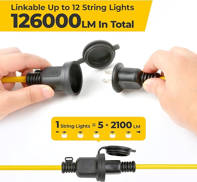 Outdoor Construction LED String Lights with Switch: 50FT 75w 10500lm ETL Certified Super Bright Industrial Temporary Lighting Hanging IP65 Waterproof Work Light for Attic Jobsite Garage