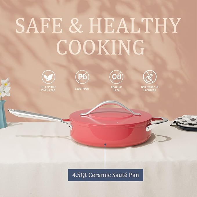 Nonstick Ceramic Sautรฉ Pan with Lid (4.5 qt, 11"), Deep Frying Pan for All Cooktops - Non Toxic, PTFE/PFAS Free, Dishwasher & Oven Safe up to 500ยฐF - with Stay Cool Handle - Fusion Red