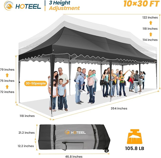 HOTEEL 10x30 Pop Up Canopy with 8 Sidewalls, UV 50+ and Waterproof Party Tent 10×30, Thickened Frame, Large Space Easy Pop Up Canopy, Outdoor Canopy for Weddings, Beaches, Parties, Patio (Black)