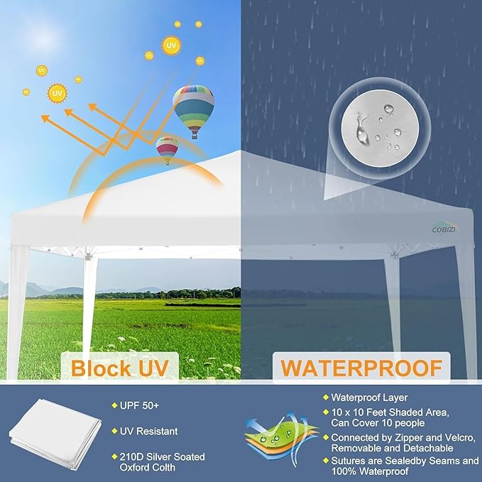 COBIZI 10x10 Pop Up Canopy Tent with 4 Sandbags, Easy Set Up Gazebo, Instant Outdoor Sun Shade &Waterproof Canopy with 8 Stakes,4 Ropes&Carry Bag, Tents for Parties, Beach, Backyard,Camping(White