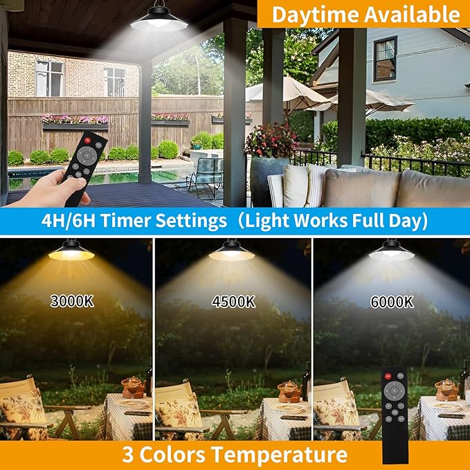 Aqonsie Solar Shed Light Indoor Outdoor Solar Pendant Daytime Work Lights with 3 Colors Temperature & 5 Lighting Modes+2 Timers, 1200LM Solar Motion Indoor Lights with Remote for Shed Gazebo Barn