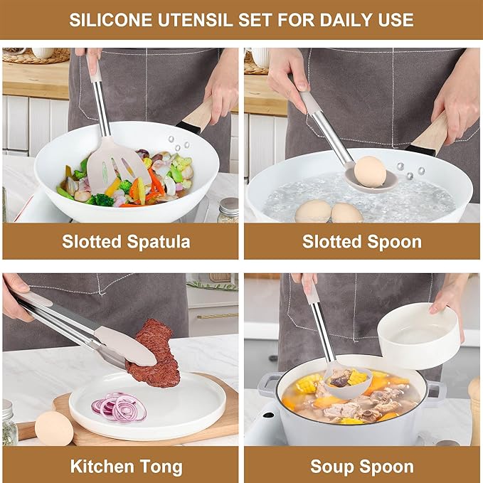LIANYU 15 Pcs Kitchen Cooking Utensils Set with Holder, Silicone Kitchen Tools with Stainless Steel Handle, Heat Resistant Gadgets, Brush Spatula Spoon Whisk for Cookware, Dishwasher Safe, Khaki