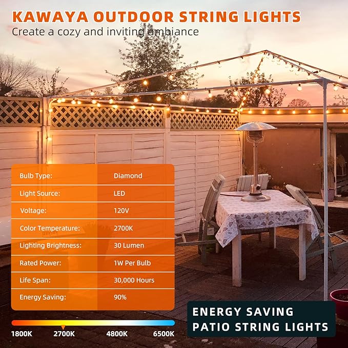 Kawaya 200FT Outdoor String Lights - LED Waterproof Patio Light for Outside with 100+4 G40 Globe Blubs - Shatterproof Hanging Lights for Porch Bistro Backyard Gazebo Balcony Cafe