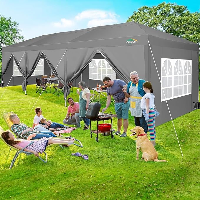 COBIZI 10x30 Pop Up Canopy with 8 Sidewalls Tents for Parties Waterproof Commercial Instant Canopy 10x30 Party Tent for Backyard, Wedding Portable Outdoor Gazebo with Carrybag&4 Sandbags, Gray