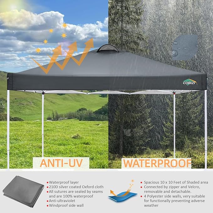 COBlZI 10x10 Pop Up Canopy Tent with 4 Removable Sidewalls,Waterproof Commercial Easy Adjustable Gazebo Tent with Air Vent, 4 Sandbags,4 Stakes & 8 Ropes(Tents for Party/Exhibition,Grey