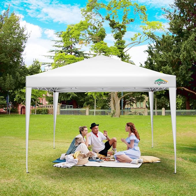 COBIZI 10x10 Pop Up Canopy Tent with 4 Sidewalls,10x10 Easy Up Waterproof Canopy Tents for Parties Camping Exhibition, Outdoor Easy Set U Gazebo Tent with Carry Bag,8 Stakes & 4 Ropes(White