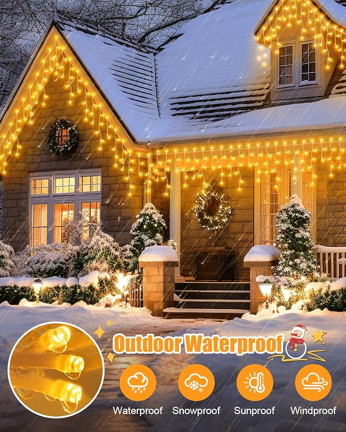 106 FT Christmas Lights Outdoor, 972 LED Waterproof Outside Christmas Lights Plug in, Connectable 8 Modes Hanging Fairy Lights with 216 Drops for House Eaves Yard Patio Wedding Decoration, Warm White