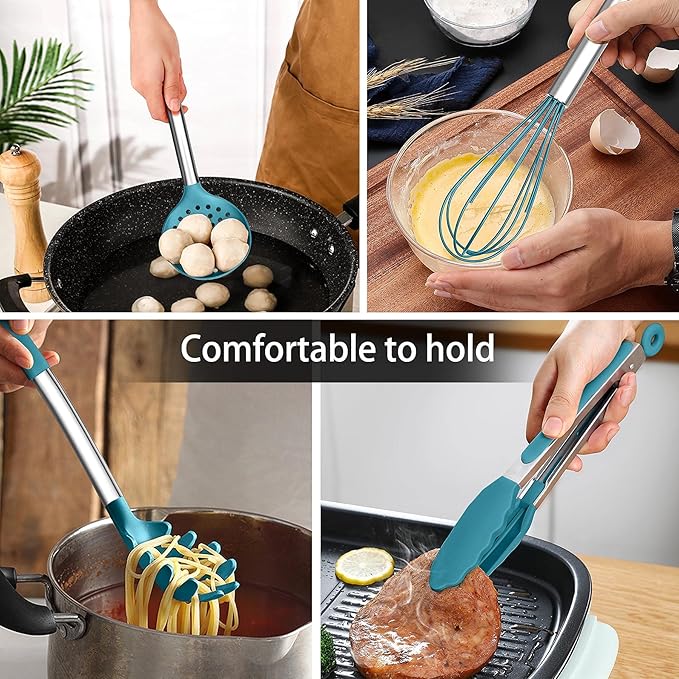 LIANYU 15-Piece Kitchen Cooking Utensils Set with Holder, Silicone Kitchen Tools Stainless Steel Handle, Slotted Spatula Spoon Turner Tong Whisk Brush for Cooking, Dark Blue
