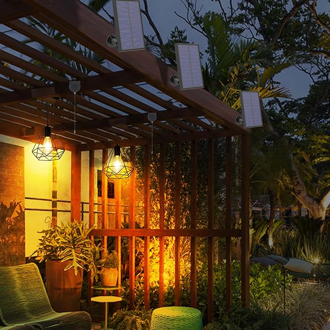 Solar Pendant Lights, Solar Powered Shed Light with Pull Cord and Remote for Outdoor Indoor, Solar Chandelier, Gazebo Lights with Adjustable Solar Panel for Yard Patio Balcony Barn Garage