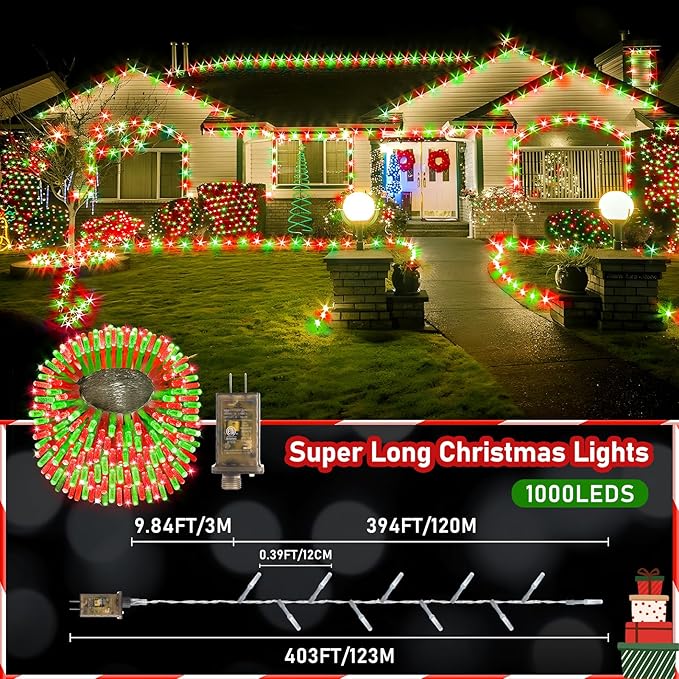 XURISEN Upgraded 403FT 1000 LED Christmas Lights Outdoor, Super Long String Lights 8 Modes & Memory Timer Plug in Fairy Lights for Home Xmas Tree Party Wedding Decor -Red and Green