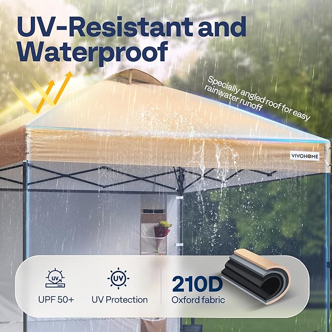 VIVOHOME 10x10ft Pop Up Canopy Tent with Sidewall and 6 Pockets, One Push Setup Outdoor Portable Shelter Tent Heavy Duty with Wheel Carry Bag and 4 Sandbags, Beige