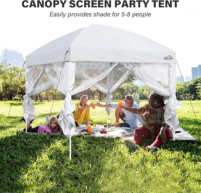 Canopy Tent with Netting Screen,10x10 Easy Pop Up Gazebo for Outdoor Parties,Camping,Foldable Patio Gazebo with Roller Bag and 4 Sandbags (White)