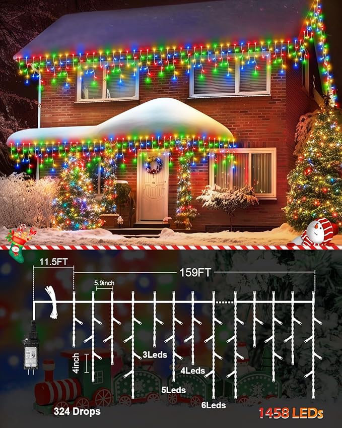 159 FT Christmas Lights Outdoor, 1458 LED Waterproof Outside Christmas Lights Plug in, Timer & Memory, 8 Modes Fairy Lights with 324 Drops for House Eaves Yard Patio Decorations, Multicolor