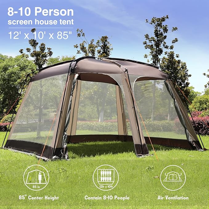 EVER ADVANCED 12' x10' Screen House Tent Netted Canopy Mesh Tents for Camping 8-10 Person Sun Shelter
