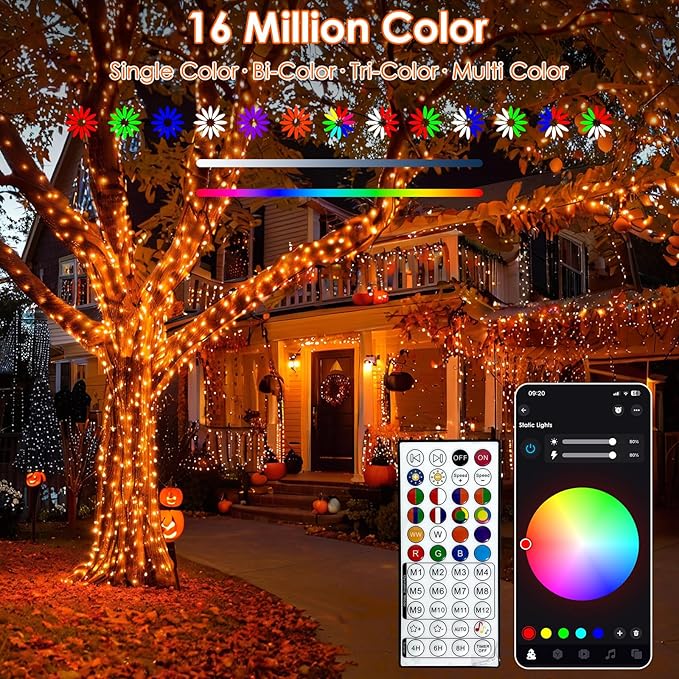 Smart Color Changing Halloween Lights, RGB LED String Lights with Remote & App Control & Timer, Music Sync Multiple Modes 66ft 200 LED Twinkle Christmas Tree Light Waterproof Indoor Outdoor Decor