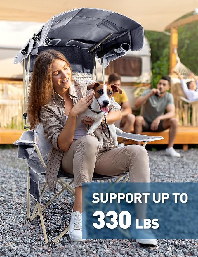 Beach Chair with Canopy Shade, Folding Camping Chair with Canopy with Cup Holder, Side Pocket for Camp, Beach, Tailgates, Fishing - Support 330 LBS