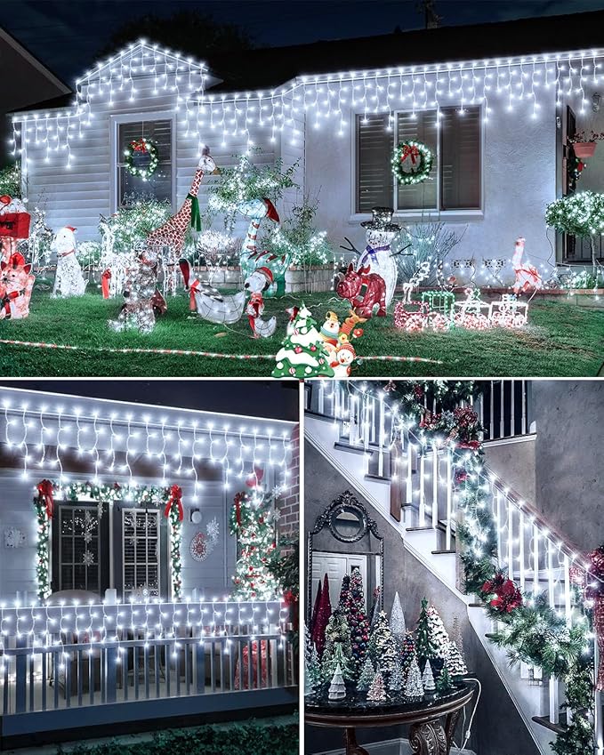 106 FT Christmas Lights Outdoor, 972 LED Waterproof Outside Christmas Lights Plug in, Connectable 8 Modes Hanging Fairy Lights with 216 Drops for House Eaves Yard Patio Wedding Decoration, Cool White