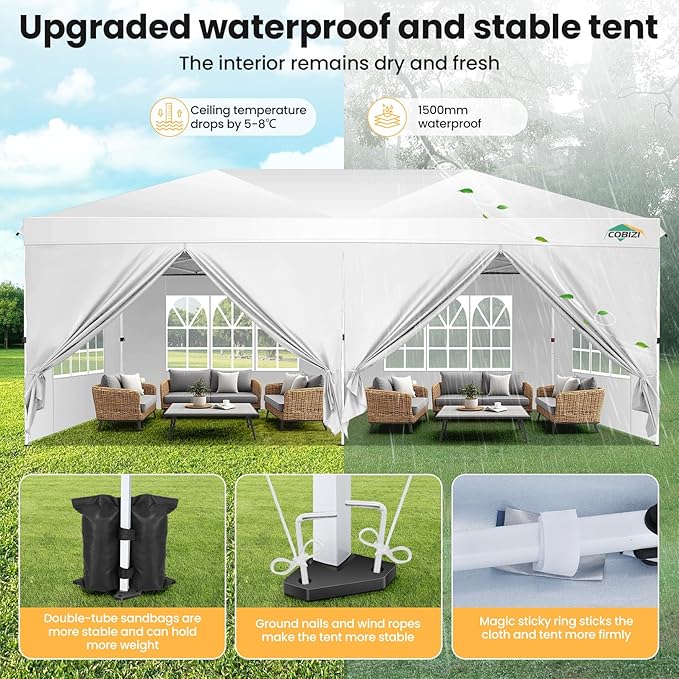 COBIZI 10x20 Pop Up Canopy Tent with 6 Removable Sidewalls,Waterproof & UV 50+ Easy Up Canopy,Commercial Gazebo with Air Vent,4 Sand Bags,4 Stakes & 8 Ropes,Tents for Parties/Camping/Backyard,White