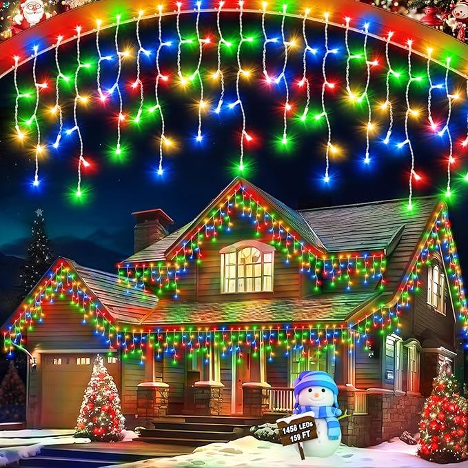 159 FT Christmas Lights Outdoor, 1458 LED Waterproof Outside Christmas Lights Plug in, Timer & Memory, 8 Modes Fairy Lights with 324 Drops for House Eaves Yard Patio Decorations, Multicolor