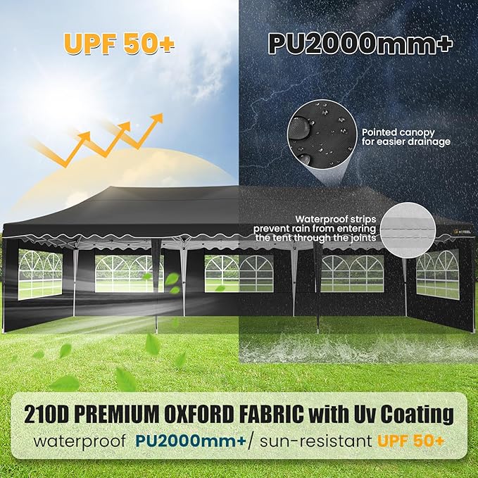 HOTEEL 10x30 Pop Up Canopy with 8 Sidewalls, UV 50+ and Waterproof Party Tent 10×30, Thickened Frame, Large Space Easy Pop Up Canopy, Outdoor Canopy for Weddings, Beaches, Parties, Patio (Black)