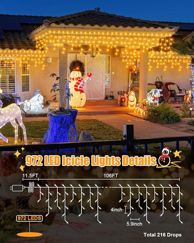 106 FT Christmas Lights Outdoor, 972 LED Waterproof Outside Christmas Lights Plug in, Connectable 8 Modes Hanging Fairy Lights with 216 Drops for House Eaves Yard Patio Wedding Decoration, Warm White