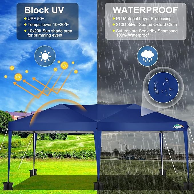 COBIZI 10x20 Pop Up Canopy Tent 10x20ft Waterproof Party Easy Up Canopy Tents for Parties Wedding Outdoor Commercial Event Gazebo Portable Instant Tent for Backyard Camping Carport, Navy Blue