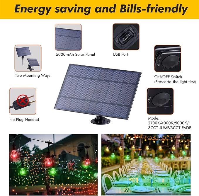 35FT Solar String Lights Outdoor Dimmable RGB Color Changing - Shatterproof LED Bulbs, Waterproof Remote Control Patio Lights for Garden, Yard