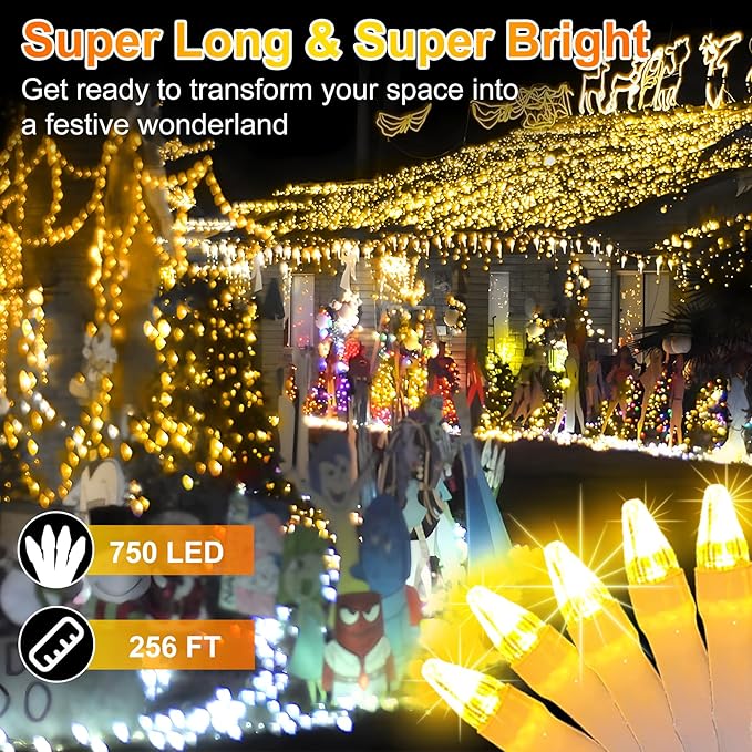 750 LED 256FT Christmas String Lights Outdoor, Christmas Light with 8 Lighting Modes& Timer & Memory, Plug in Outdoor Waterproof Clear Wire Twinkle Light for for Xmas Yard Tree Party Decor Warm White