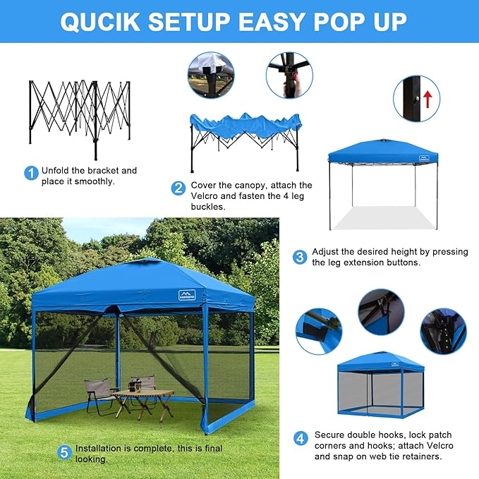 KAMPKEEPER 10x10 Pop Up Canopy with Mosquito Netting,Instant Outdoor Screen Tent Sun Shade for Events Patio Camping Picnic,Gazebo with 4 Sandbags,1 Wheeled Bag(Light Blue)