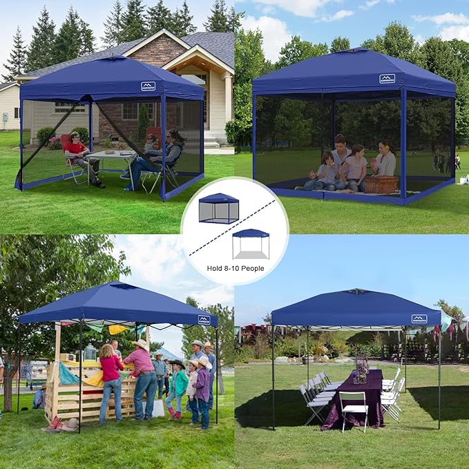 KAMPKEEPER 10x10 Pop Up Canopy with Mosquito Netting,Instant Outdoor Screen Tent Sun Shade for Events Patio Camping Picnic,Gazebo with 4 Sandbags,1 Wheeled Bag(Navy Blue)