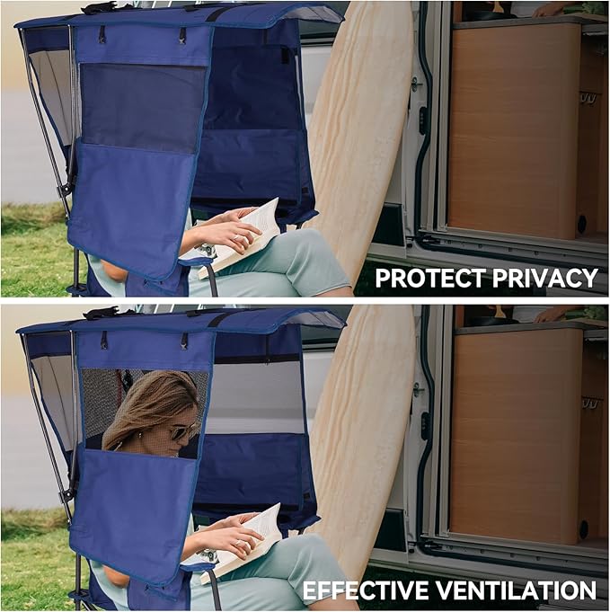 Camping Chair with Canopy Shade - Folding Beach Chair with UPF 50+ Sun Shade, Cup Holder, Side Pocket, Portable Sports Chair for Adults Support 330 LBS, Fishing Camp Outdoor Lawn Chair - Blue