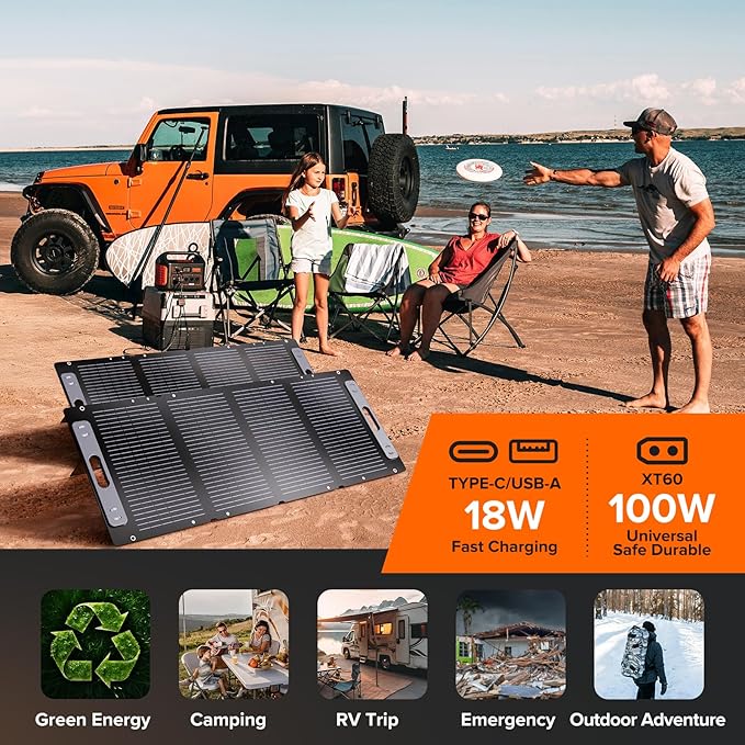 100W Portable Solar Panel for for Camping,RV,Power Station-USB 18W Fast Charging,23.5% Efficiency,Lightweight Foldable,XT60 & DC5521 Output,IP67 Waterproof,IEC Certified