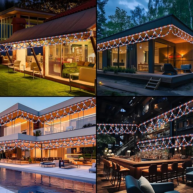 KAZOKU 4th of July Outdoor String Lights 40FT 380LED Waterpoof Red White Blue Semicircle String Lights 8 Lighting Modes Mermory Timer Function Decorations for Independence Day Yard Garden Home Decor