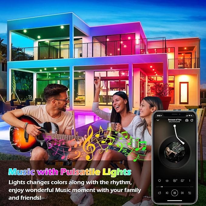 100Ft Outdoor LED Strip Lights Waterproof,Music Sync RGB IP68 Outside Led Light Strips Waterproofs with App and Remote,Exterior Led Rope Lights Waterproof for Deck,Balcony,Roof,Garden,Pool
